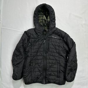Eddie Bauer Puffer Jacket Boys Black Green Camo Hooded Winter Reversible